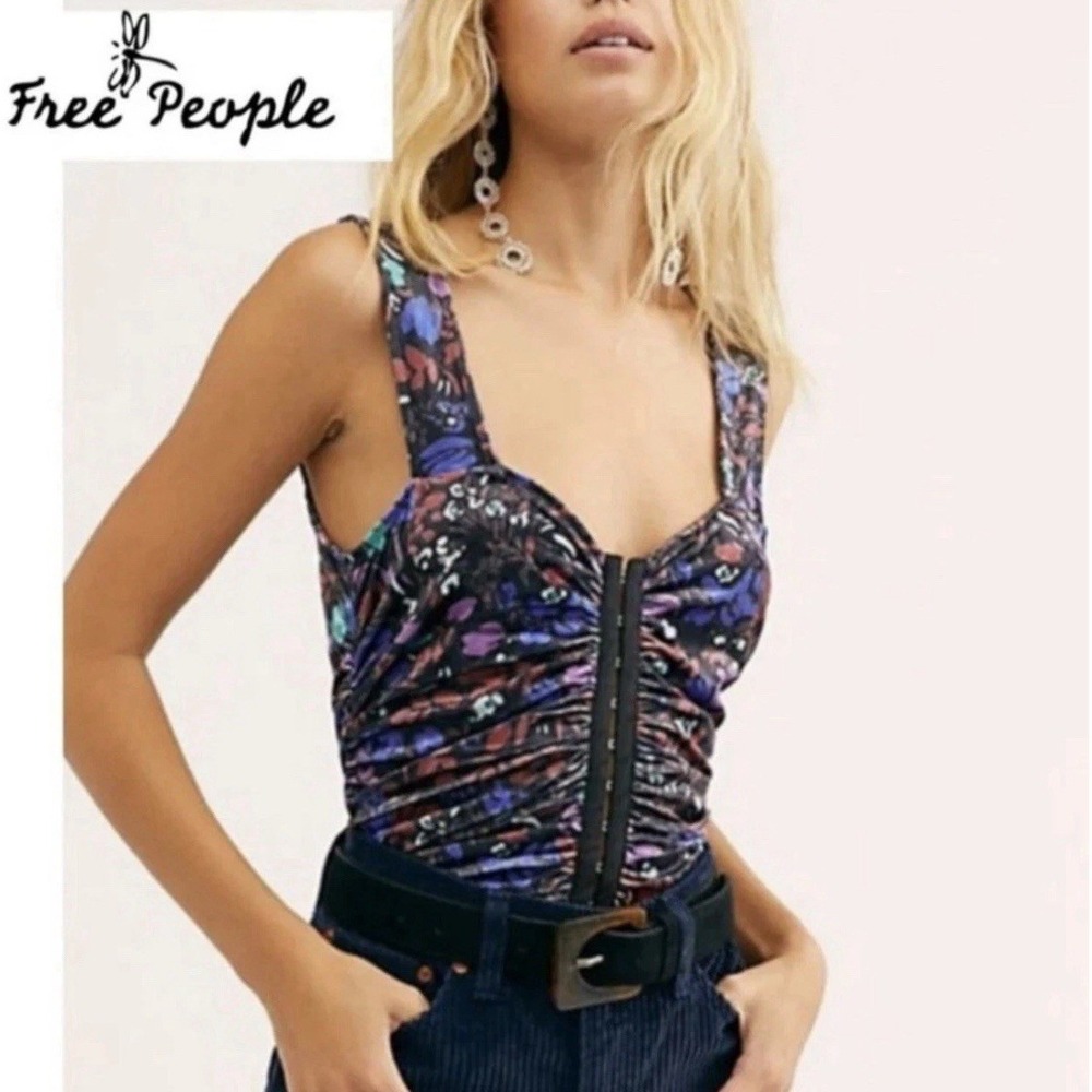 We The Free People Velvet Dottie Tank Black Floral Print Corset Top S/Small EUC